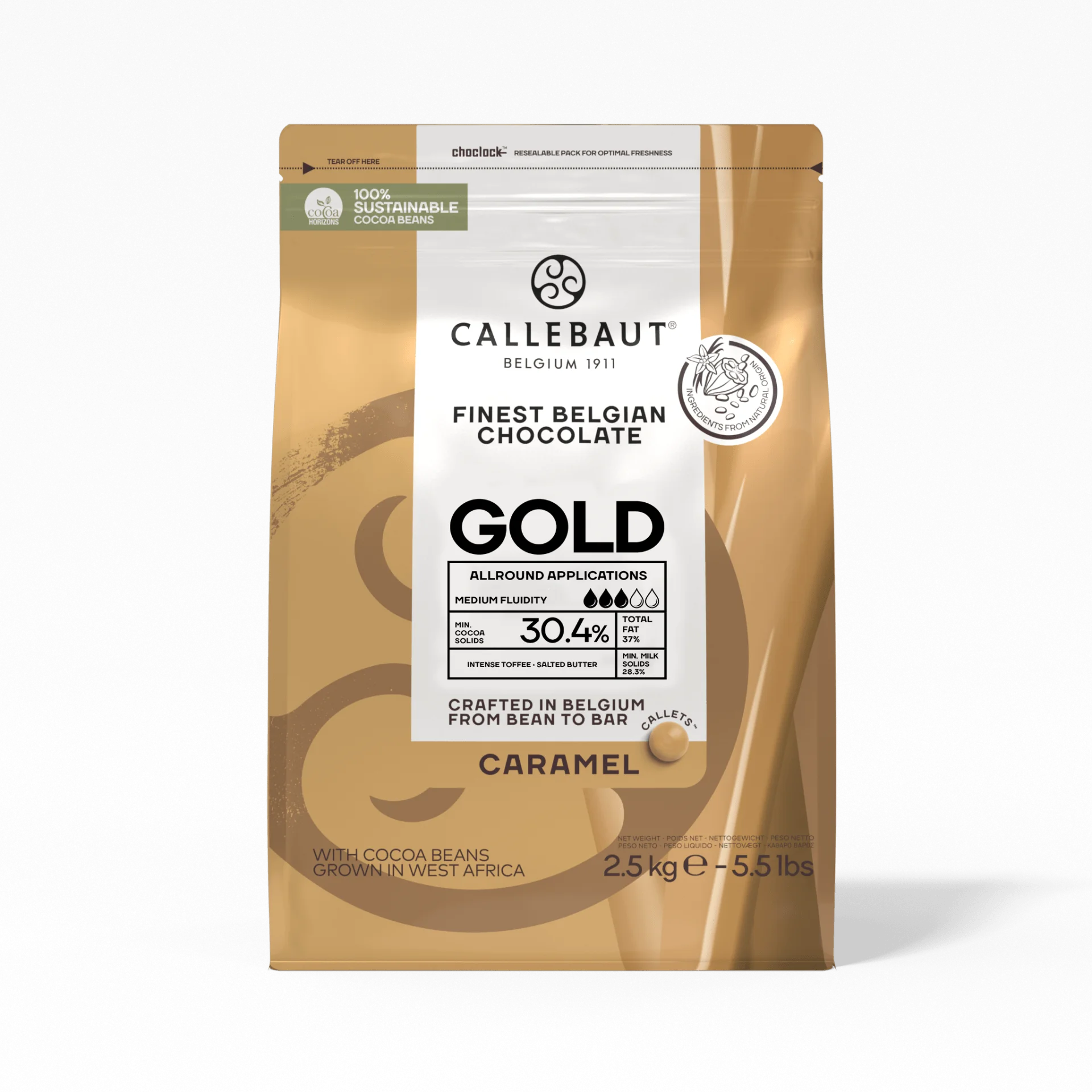 Callebaut Gold Karamelli Drop Çikolata 2,5 kg ürün ambalajı
